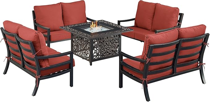 Oakland Living Black Aluminum Patio Fire Table Set with Four Deep Seating Loveseat with Cushions with Red Cushions