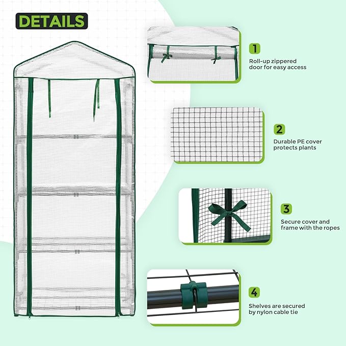 EAGLE PEAK Mini Greenhouse with Wire Shelves, Portable Indoor & Outdoor Green House with Roll-Up Zipper Door, 4 Tier, 27.2"x19.3"x64.2", Clear/White PE Cover