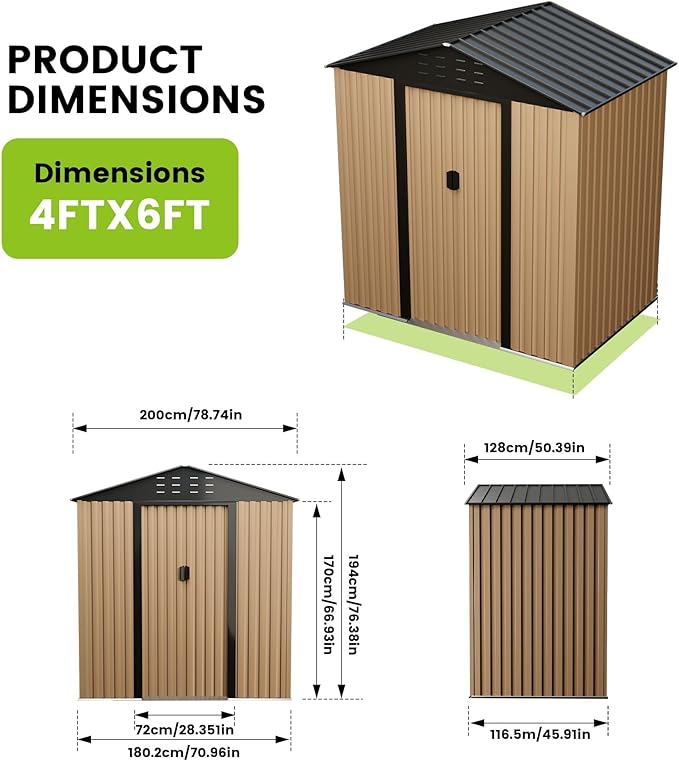 6 X 4 FT Shed Outdoor Storage Shed Metal Garden Shed with Sloping Roof and Vents, Waterproof and Anti-UV, Slooping Roof Tool Shed for Backyard, Patio, Garden Yard, Poolside