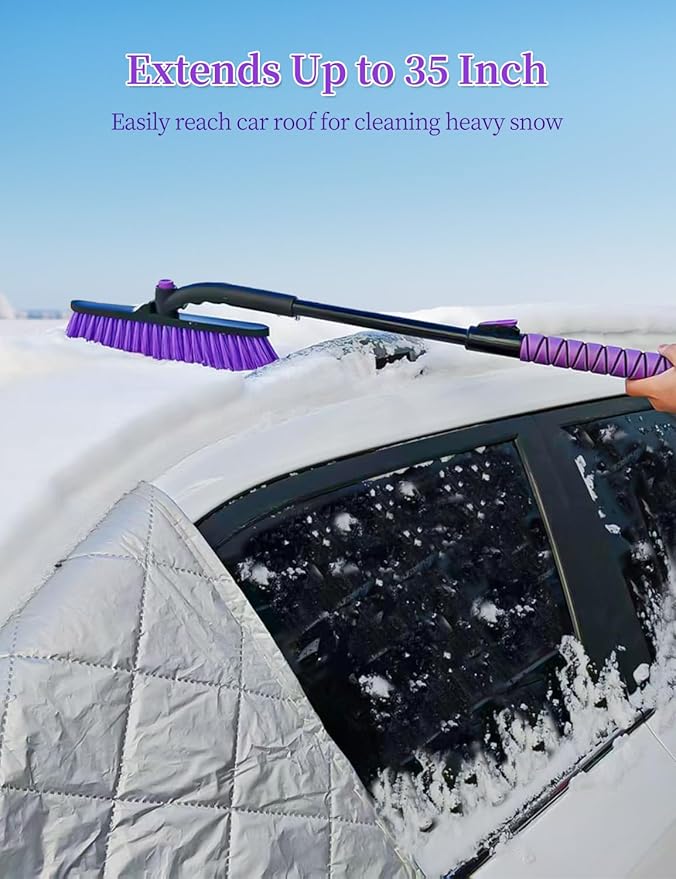 HEEYA Snow Brush for Car, Extendable Snow Brush and Ice Scraper with Foam Grip, Car Window Scraper for Snow and Ice for SUV Truck Auto Jeep RV Vehicle Windshield - Purple