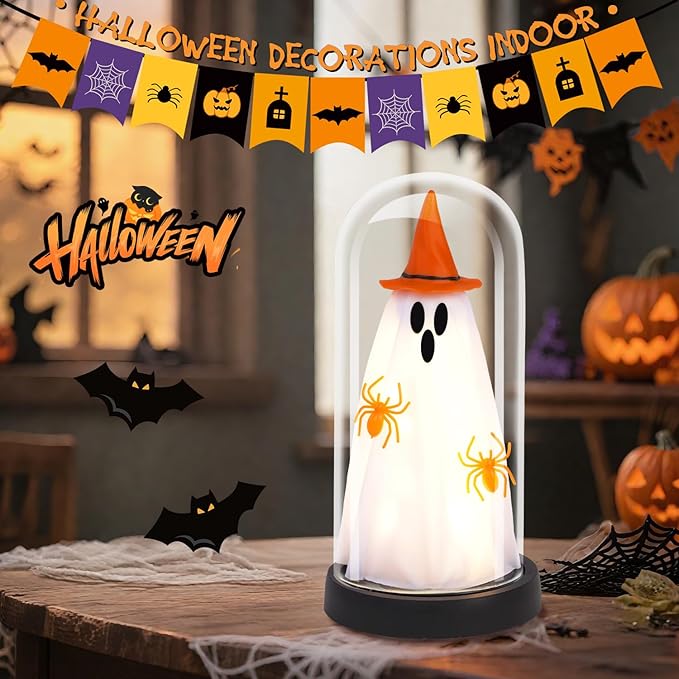 Halloween Decor-Halloween Decorations Indoor-Light Up Ghost in Glass Cloche-Cute Ghost with Light for Home Kitchen Mantel Tabletop Party Decor- Ghost-Orange