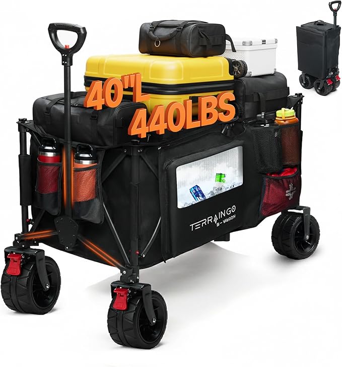 Foldable Beach Wagon Cart- Interchangeable All Terrain Wheels- 12" Beach Wheels Optional- Patent Pending- Gardening, Fishing, Shopping-Built-in Insulated Cooler Pouch, More Storage Pockets, Cupholders