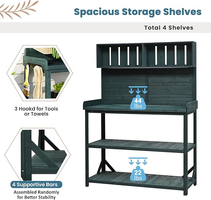 Harper & Bright Designs 65" Large Wooden Farmhouse Rustic Outdoor Potting Bench Table with 4 Storage Shelves and Side Hook, Patio Workstation, for Garden, Backyard, Forest Green
