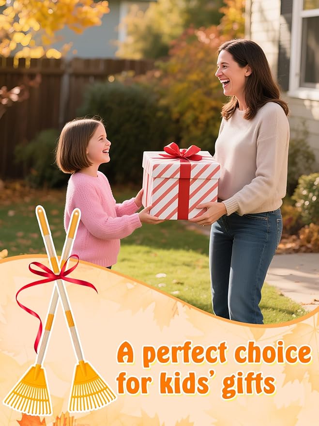 Acostop 2 Pcs Kids Rakes with Wood Handle - 34" Lightweight Plastic Garden Rake for Leaves, Safe to Use Kid Yard Tools for Boys Girls Fall Gardening Gifts (Yellow)