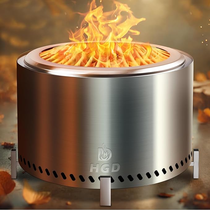HGD 27.5" Smokeless Fire Pit with Stand, Stainless Steel Wood Burning Firepit for Friends & Family Gatherings, Secondary Combustion Outdoor Patio Stove for Garden BBQ & Bonfire