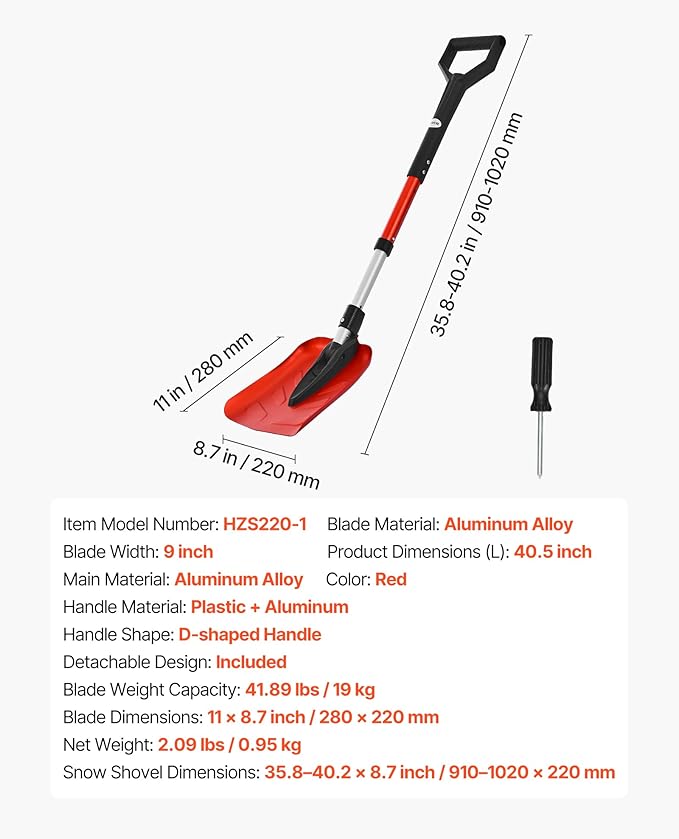 VEVOR Snow Shovel for Driveway, 9 in Foldable Snow Shovel with D-Shaped Handle, 36-40 in Adjustable, Lightweight Aluminum Alloy Snows Removal Tool, Reduce Back Strains for Garden Car Camping
