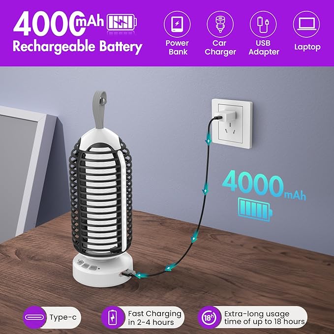 Bug Zapper Outdoor with Colorful Lighting and Auto-Sensing, 3 in 1 Cordless 4000mAh Battery Electric Fly Trap, Rechargeable Mosquito Zapper for Camping, Patios, Garden, Kitchen (2Pack-Black)