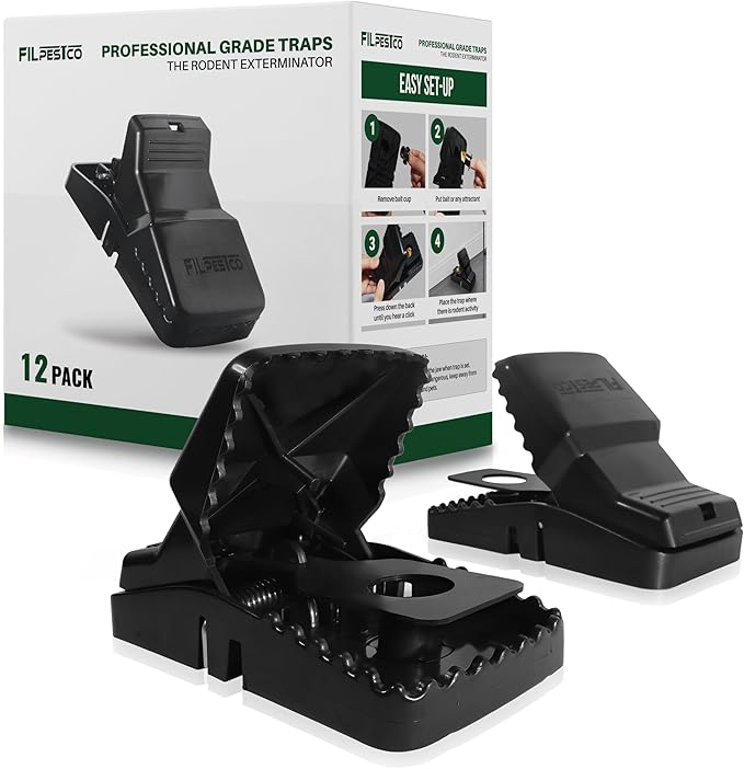 Set of 12 Professional Grade Extra Large Rat Snap Traps, Mouse Trap, Reusable Trap, Heavy Duty for Indoor and Outdoor Pest Control Rodent Solutions