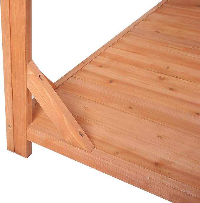 Large Wooden Farmhouse Rustic Outdoor Potting Bench Table, Patio Workstation, Garden Potting Bench with 4 Storage Shelves and Side Hook Lower Storage Shelf for Patio, Deck, Porch (Natural, 65inch)