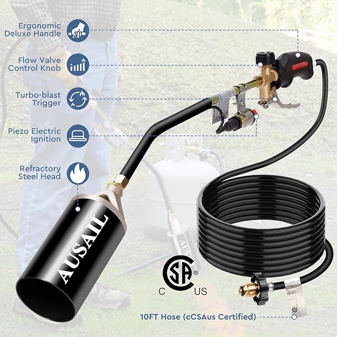 Propane Torch Weed Burner,Blow Torch,Heavy Duty,High Heat Output,Flamethrower with Turbo Trigger Push Button Igniter and 10 FT Hose for Roof Asphalt,Ice Snow,Road Marking,Charcoal(Black)
