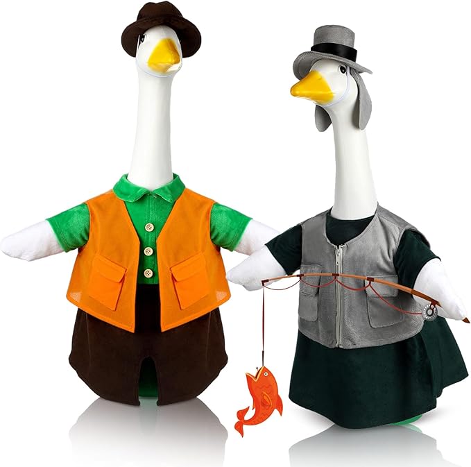 Frienda 2 Set Fishing Porch Goose Outfit Clothes for 23" High Cement or Plastic Goose, Fishing Yard Cement Geese Duck Clothes Costume for Fall Halloween Outdoor Garden Yard Patio Decor
