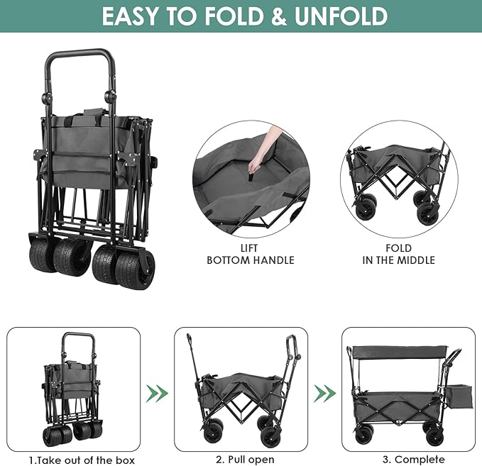 AthLike Extra Large Collapsible Wagon w/Removable Canopy, 250lbs/262L Capacity Foldable Garden Cart w/Rear Storage, Heavy Duty Push&Pull Utility Camping Beach Stroller w/Big Wheel&Adjustable Handles
