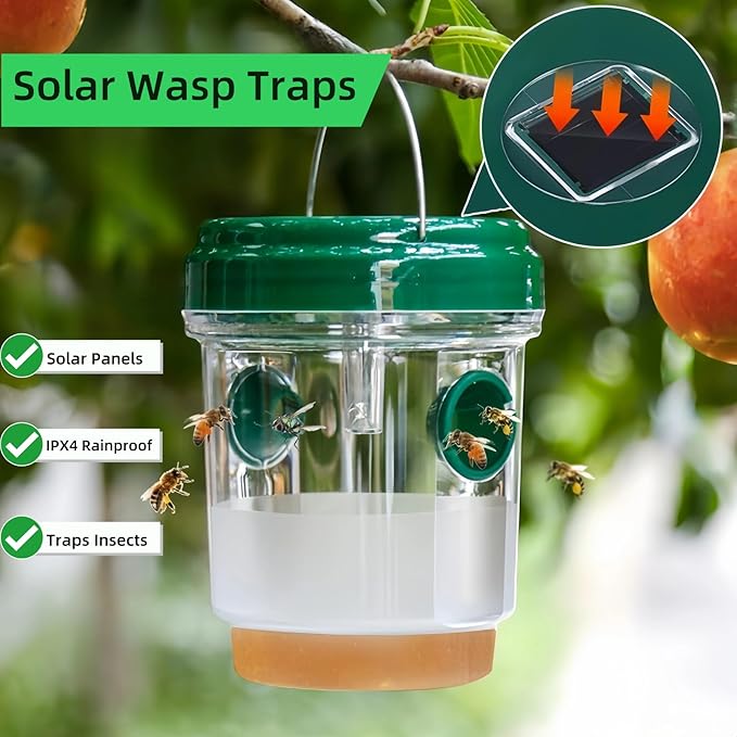 3 Pack Wasp Traps Outdoor Hanging, Solar Bee Trap for Outside with LED Light, Wasp Repellent, Bee Killer, Hornet Deterrent, Yellow Jacket Catcher, Reusable for Garden, Orchard, Indoor