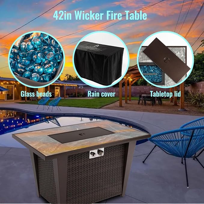 42'' Propane Fire Pit Table, Marble Tile Ceramic Tabletop with Glass Wind Guard, 50,000 BTU Fire Table with Inclined Leg and Art Powder Design, Blue Glass Rocks, Including Lid&Cover, Brown