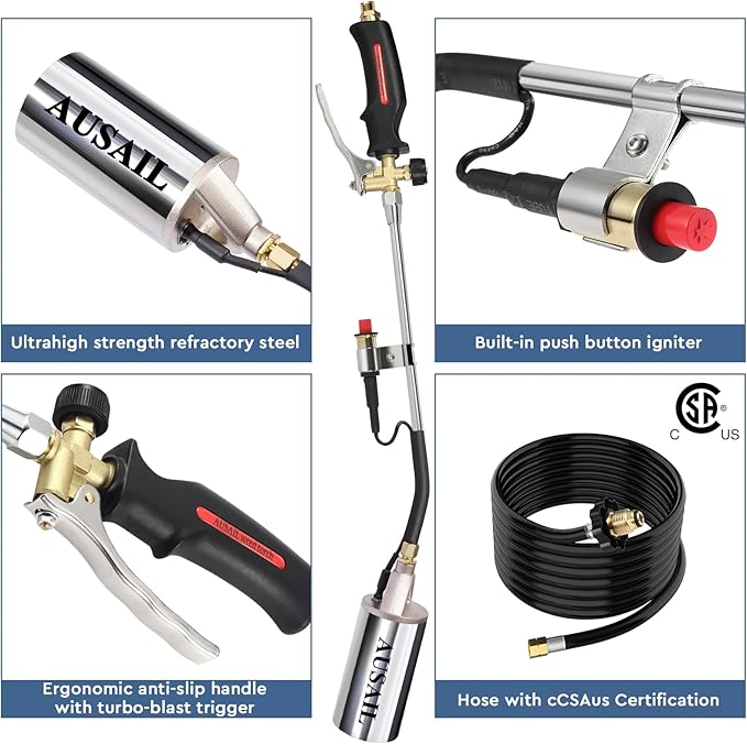 Propane Torch Weed Burner with Storage Bag,Blow Torch,Heavy Duty,High Heat Output,Flamethrower with Turbo Trigger Push Button Igniter and 10 FT Hose for Roof Asphalt,Ice Snow,Road Marking