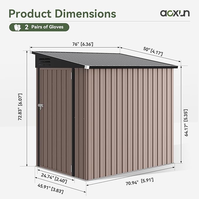Aoxun 6' x 4' Lean to Shed Outdoor Steel Garden Utility Cabinet with Lockable Door Waterproof & Rust-Proof for Yard, Patio, Backyard (Brown, Base Included)