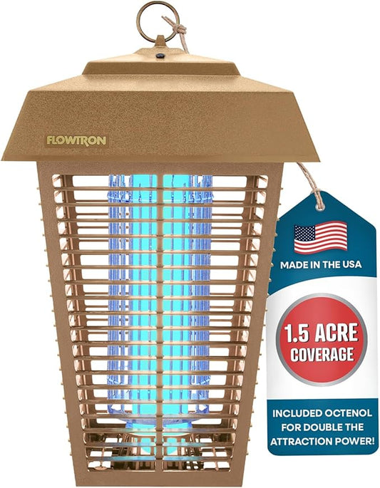Flowtron Bug Zapper, 1-1/2 Acre of Outdoor Coverage with Powerful 80W Bulb & 5600V Instant Killing Grid, Electric Insect, Fly & Mosquito Zapper, Made in The USA, UL Certified - Tan Color