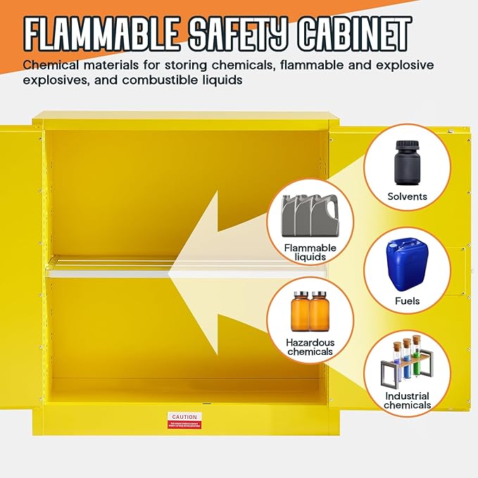 SPECRAFT 45 Gal Flammable Cabinet, 44x43x18 Inch, Cold-Rolled Steel, Adjustable Shelves, OSHA & CE Certified for Industrial, Commercial, Laboratory, and Institutional Use, Yellow