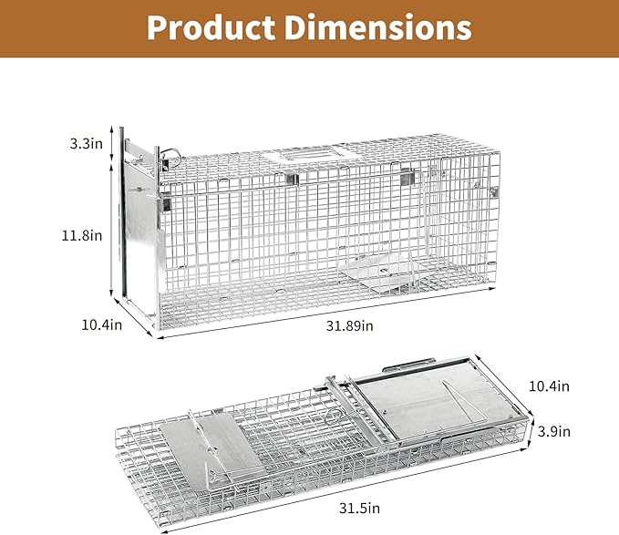 32" Humane Animal Cage Trap, Live Animal Cage Trap, Folding Animal Trap for Stray Cats, Raccoons, Rabbits, Skunks, Moles, Groundhogs and Armadillos up to 17 lbs