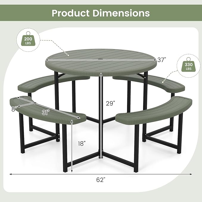 Tangkula 8 Person Picnic Table, HDPE Outdoor Round Table and Bench Set with 4 Built-in Benches, Umbrella Hole, Metal Frame for Garden Yard Patio Lawn