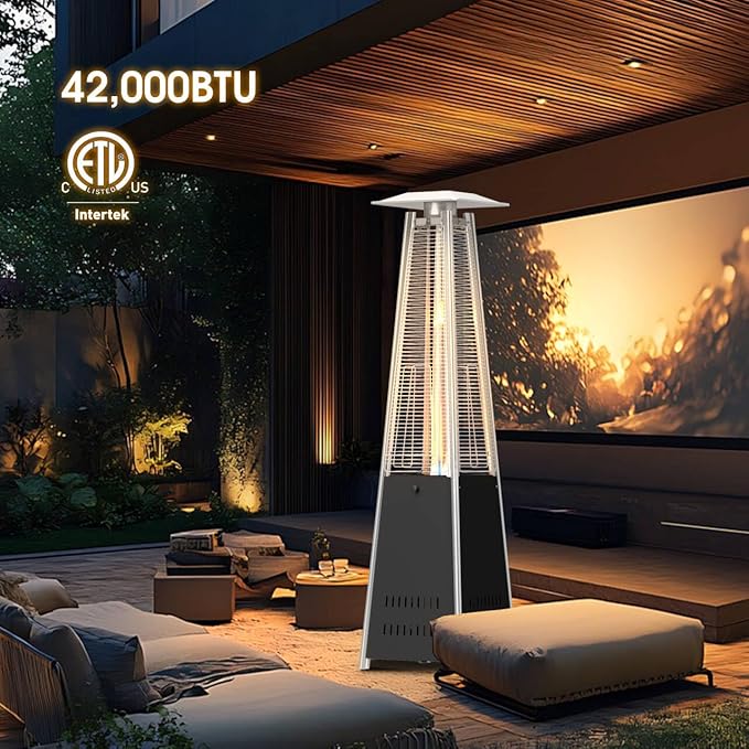 Outdoor Heaters for Patio 42,000BTU, Pyramid Patio Heater Quartz Glass Tube, Outdoor Heater Safety Protection System, Propane Heater with Wheels for Commercial & Residential, Black
