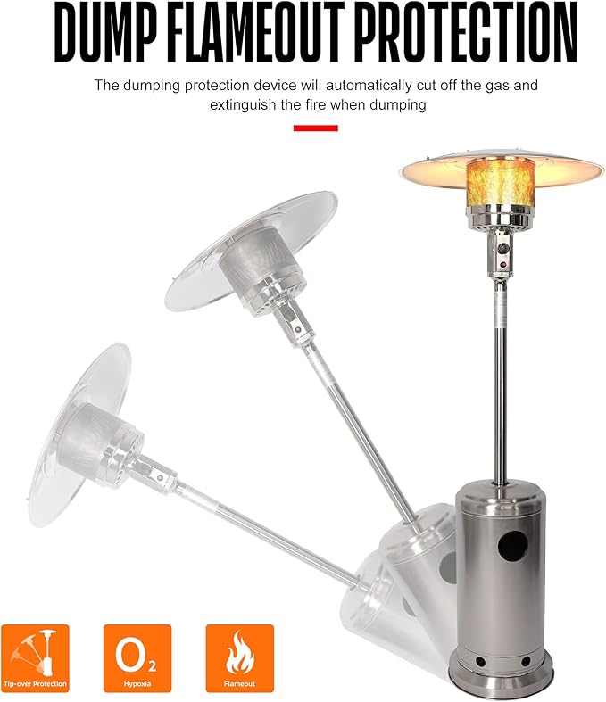 Outdoor Patio Heater, Stainless Steel Propane Heater w/Wheels, Shelf Tabletop, Auto Shut Off Protection, 36000 BTU Tall Standing Gas Heater for Outdoor Use