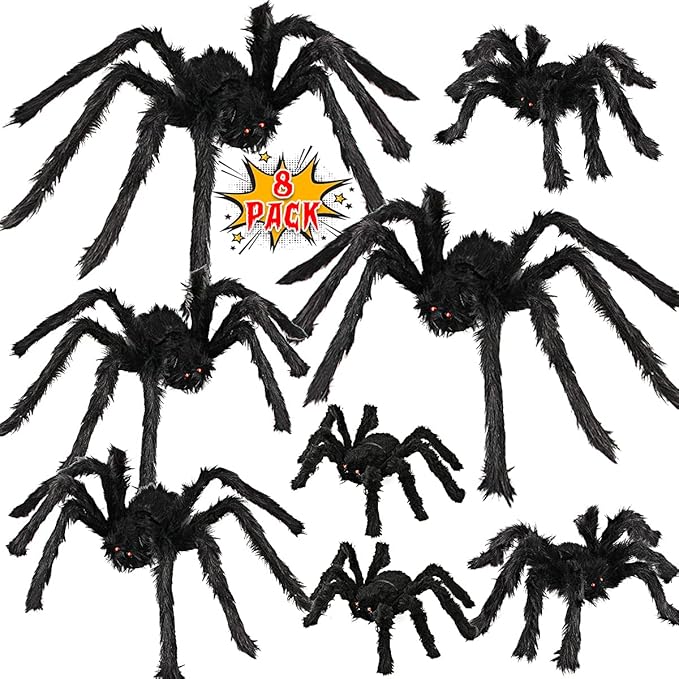 Dreampark Realistic Hairy Spider Decorations - 8 Pcs Scary Spider Props for Indoor/Outdoor House Yard Creepy Halloween Decor