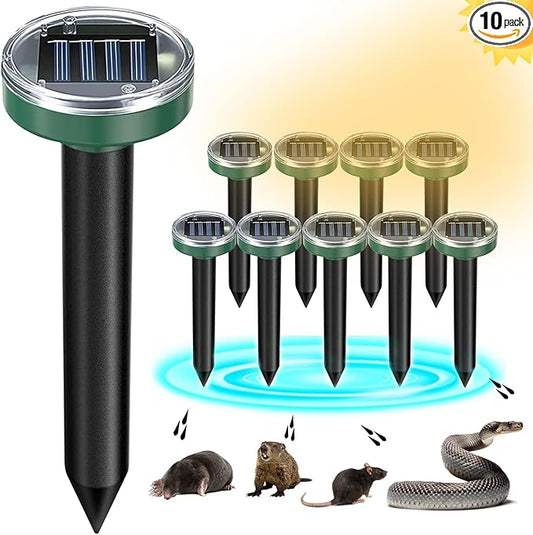 Mole Repellent Solar Powered 10 Pack Snake Repellent Ultrasonic, Groundhog Repeller,Gopher Repeller Sonic Mole Deterrent Spikes, Snake Gopher Mole Vole Repellent Outdoor for Lawn Garden & Yard