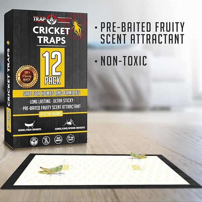 Cricket Traps Indoor (12 Traps) Extra Large Bug Sticky Traps - Non-Toxic Extra Sticky Glue Traps for Bugs - Pre-Baited Fruity Scent Crickets Bug Trap Indoor - Insect Glue Traps for Bugs - Trap a Pest