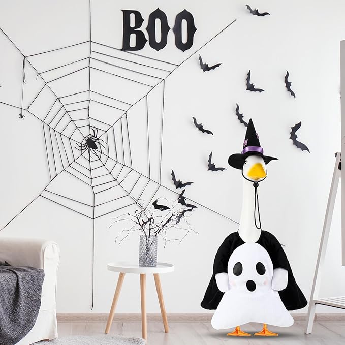 Sanwuta 1 Set Halloween Porch Goose Outfit Ghost Pillow Design with Witch Hat for 23" Lawn Cement Goose Porch Geese Clothes Costume for Halloween Garden Patio Yard Outdoor Decorations