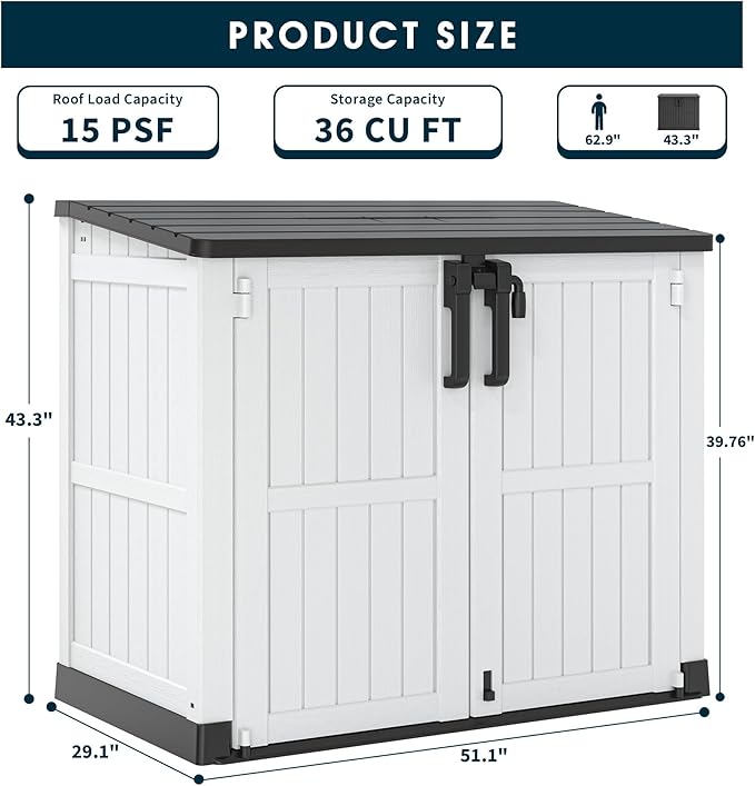 Outdoor Storage Shed 36 Cu. Ft. Resin Garden Horizontal Storage Large Capacity Weather Resistant Storage Box, Lockable Resin Waterproof Shed for Garbage Cans, Garden Tools