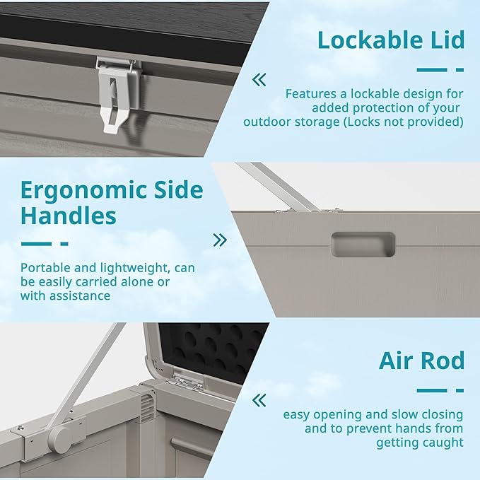 Resin Deck Box, 130 Gallon Outdoor Storage Box with Lockable Lid, Waterproof Patio Storage for Garden Tools & Outdoor Accessories (Dark Black) (Light Gray)