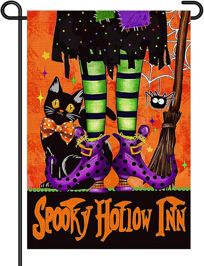 Halloween Black Cat Garden Flags for Outside 12x18 Inch Double Sided Burlap, Spooky Hollow Inn Welcome Sign Small Flag Farmhouse Holiday Yard Lawn Outdoor Decorations DF874