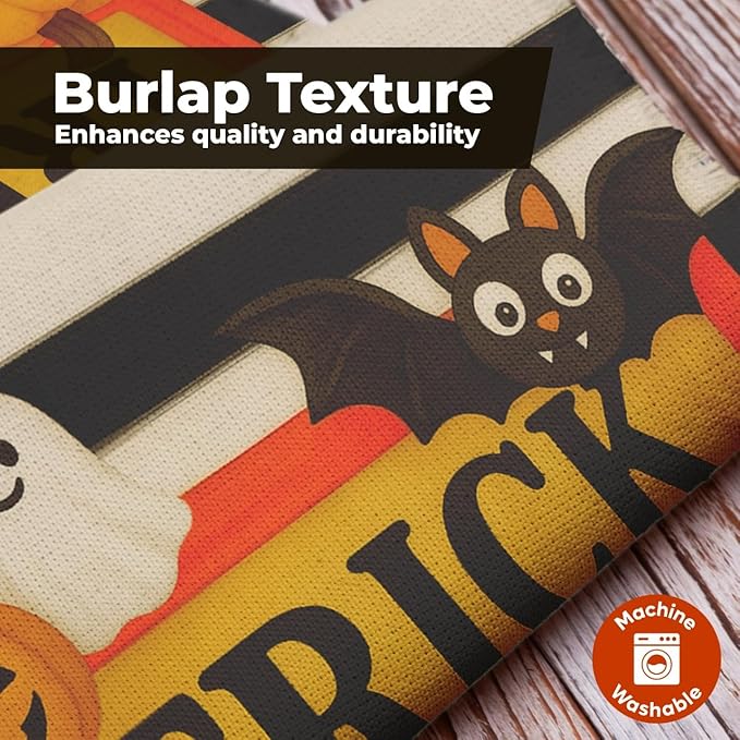 Halloween Garden Flag 12x18 Double Sided – Trick or Treat Yard Flag with Pumpkins, Ghosts, Bat, Cat – Fall Outdoor Burlap Halloween Flag for Garden or Lawn