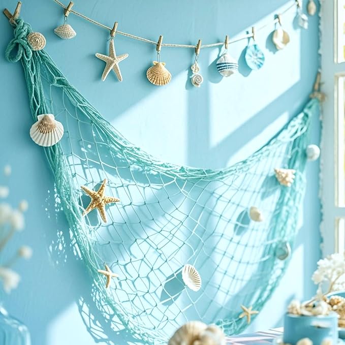 2 Pack Fish Net Decorations for Party, Natural Cotton Hawaiian Party Fishing Net Decorative, Nautical Themed Cotton Fishnet Under The Sea Pirate Ocean BeachHalloween Decor Blue