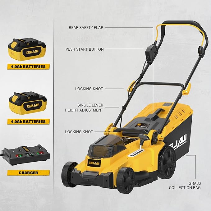 Electric Lawn Mower Cordless,15-Inch Lawn Mower with 2pcs 4.0Ah Batteries and Charger,2-in-1 Electric Mower with 6-Position Height Adjustment & Foldable Handle