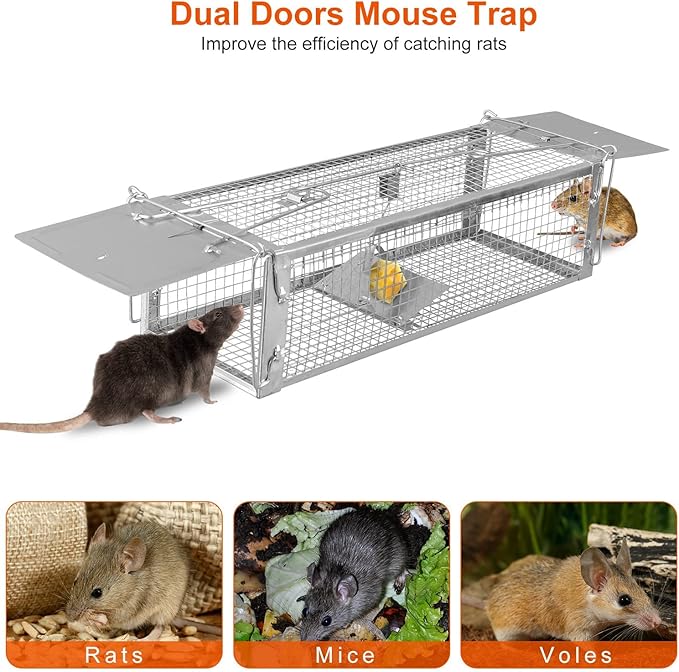 iMounTEK Dual Door Rat Trap Cage Humane Live Rodent Dense Mesh Trap Cage Zinc Electroplating Mice Mouse Control Bait Catch with 2 Detachable U Shaped Rod