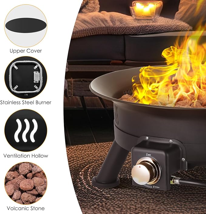 TLSUNNY 24'' Propane Fire Pit，58,000 BTU Portable Smokeless Firebowl with Self Igniter,Cover，Lava Rocks，Gas Cylinder Holder for Camping，Outdoor Living，Patio，Backyard,Tailgating,Garden，Deck,RV