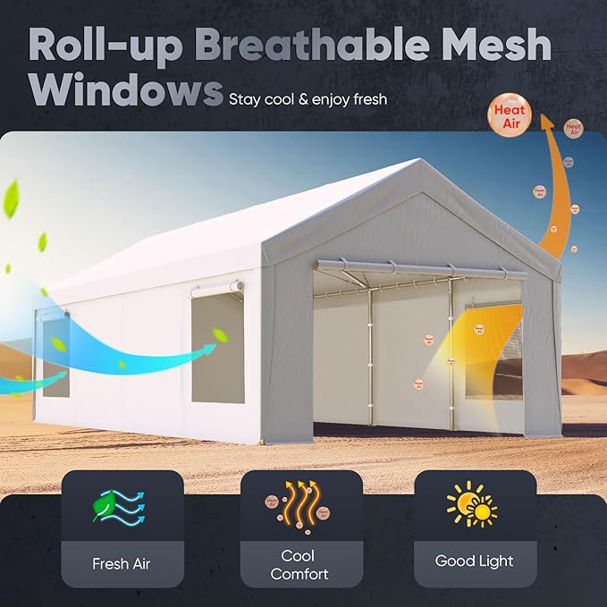 Quictent Heavy Duty 13x25 ft Carports with Side Zipper Doors & Snowproof Steel Cables & Ventilated Windows, Waterproof Storage Shelter for Car, Boat, RV, Outdoor Equipment, White