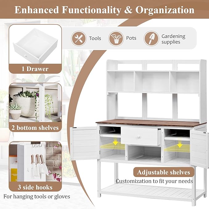 Outdoor Wooden Potting Bench Table – Farmhouse Garden Workstation with Drawers, Cabinet & Storage Shelves, Large Fir Wood Work Table for Patio, Backyard, Mudroom, Greenhouse (White & Brown, 66'' H)