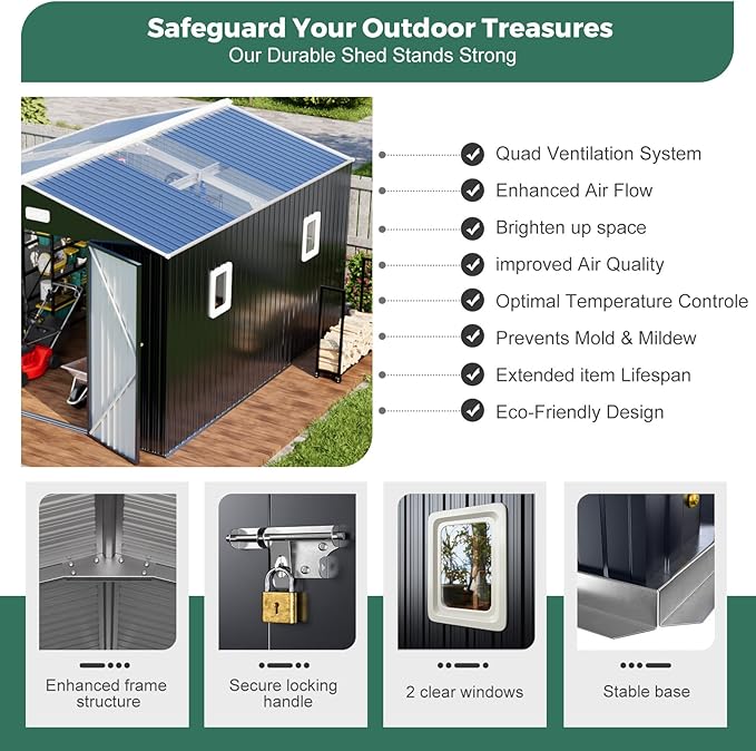 Metal Shed 10x12 Reinforced Sheds Outdoor Storage, Natural Lighting Tool Sheds with Translucent Roof Panels, Windows, and Lockable Doors, Ideal for Garden, Backyard, and Patio