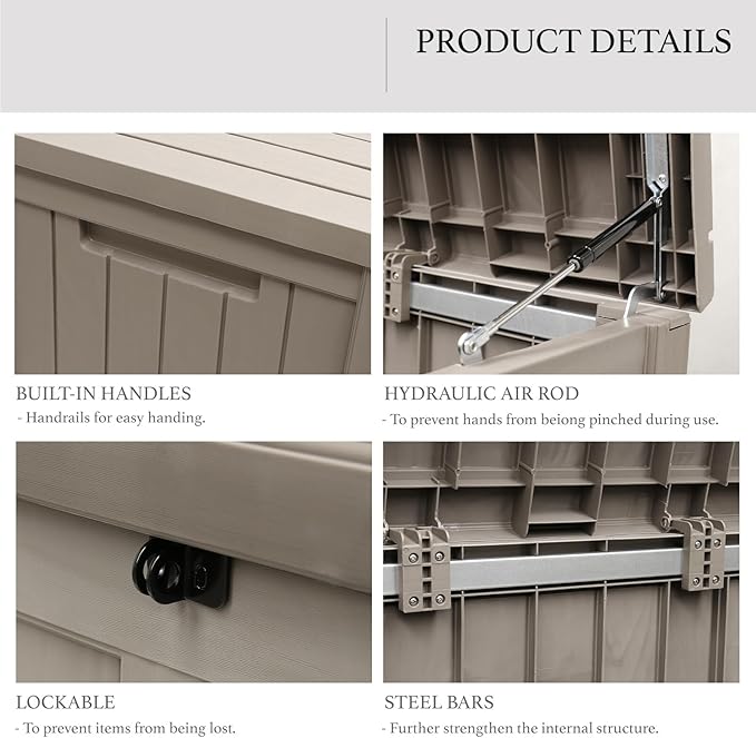 AJP Distributors 120 Gallon Outdoor Storage Box, Rain Waterproof Resin Deck Box, Lockable Large Storage Container for Patio Furniture, Cushions, Garden Tools, Sports Equipment and Pool Supplies Taupe