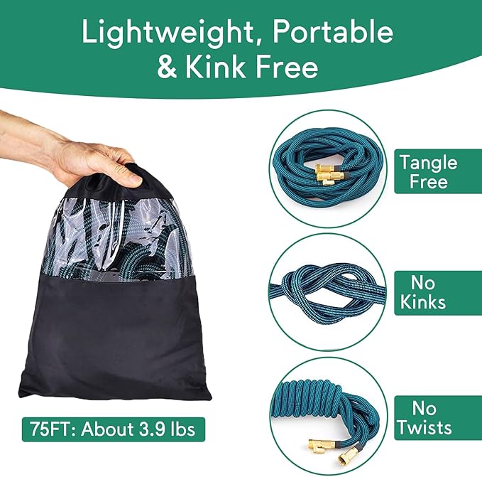 Expandable Garden Hose 75 ft, 2025 New No Kink Flexible Water Hose 75ft with 10 Pattern Spray Nozzle, Extra Strong Brass Connectors, Reinforced Expanding Latex Core, Ultra Lightweight & Collapsible