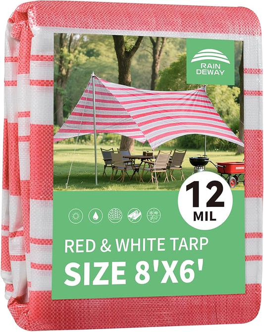 RAINDEWAY Tarps 6x8 Feet,12 Mil Sunshade Striped Tarp Waterproof,Multipurpose Poly Tarp Cover with Grommets and Reinforced Edges,Red/White Tarps