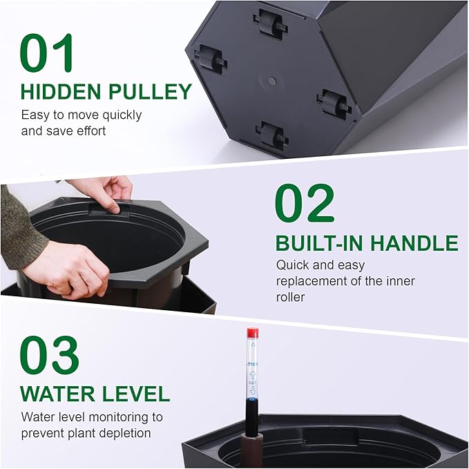 23 Inch Tall Outdoor Planters Set of 2, Self Watering Pots for Indoor Plants with Water Level Monitor & Drainage Hole & Wheels, Large Planter Pots for Garden, Patio, Balcony, Lounge, White