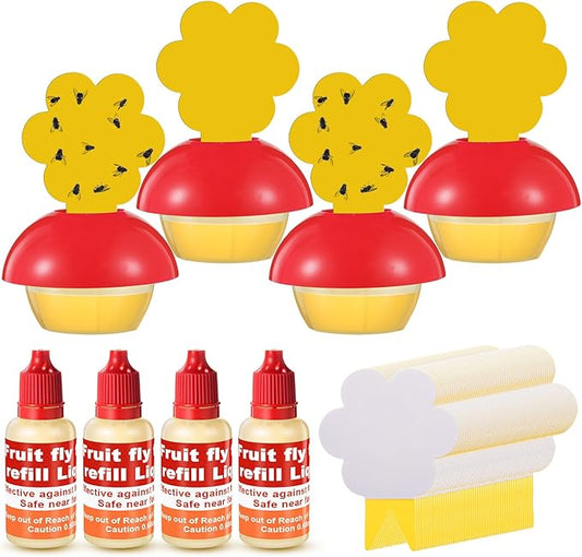 Qualirey Fruit Fly Trap for Indoors, 4 Pack Fruit Fly Trap with 4 Refill Liquid and 60 Yellow Sticky Pads, Safe Near Pets, Food and Kids, with Lure Refill Liquid for Home Kitchen (Red)