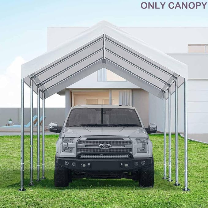 12'x20' Upgraded Carport Replacement Top Canopy Cover for Car Garage Shelter Tent Party Tent with Ball Bungees White (Only Top Cover, Frame is not Included)