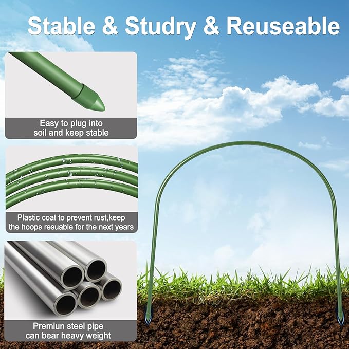 FOTMISHU Garden Hoops, 10PCS Greenhouse Hoops Rust-Free Grow Tunnel, All-in-one 23.6" x 25.6" Garden Stakes with Plastic Coated Plant Supports for Raised Beds Row Cover Garden Fabric