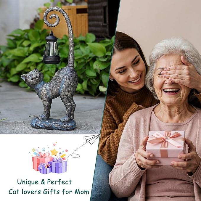 Halloween Decorations Outdoor Cat Garden Statues with Solar Lights, Fall Home Decor Cat Figurines for Lawn,Patio,Balcony,Porch,Yard Art Ornament- Birthday Gifts for Women Grandma Sister