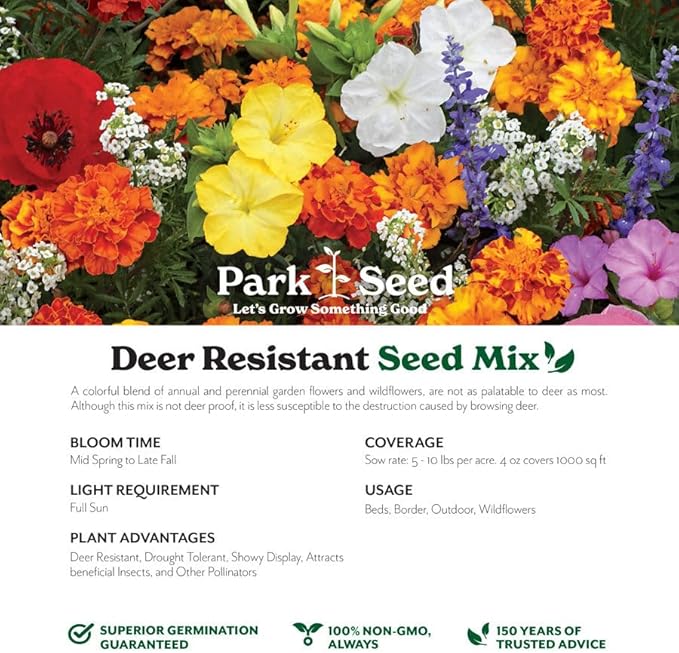 Park Seed Grow Your Own Vibrant Annual and Perennial Wildflower Garden Seed Mixture, Easy to Grow Varieties for Pollinators and Spring Gardens - Deer Resistant Mix, 1 lb